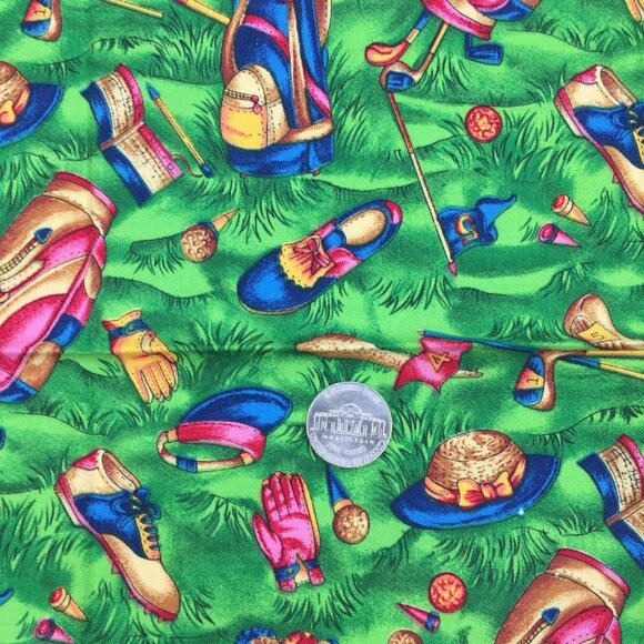 FQ Fat Quarter Quilting Fabric 18" x 22" Golf Golfing Bag Clubs Shoes Green Blue - Picture 6 of 6